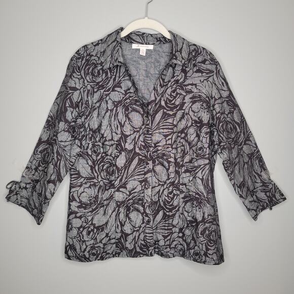 JM Collection Linen Jacket Women's Size‎ 10 Black Gray Dark Floral Button Front - Picture 2 of 14